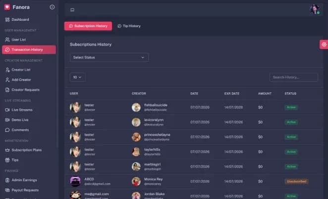Fanora admin subscription & tip history with full audit trail screen