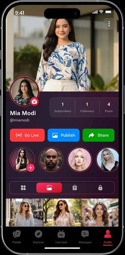Fanora creator profile with stats and content grid