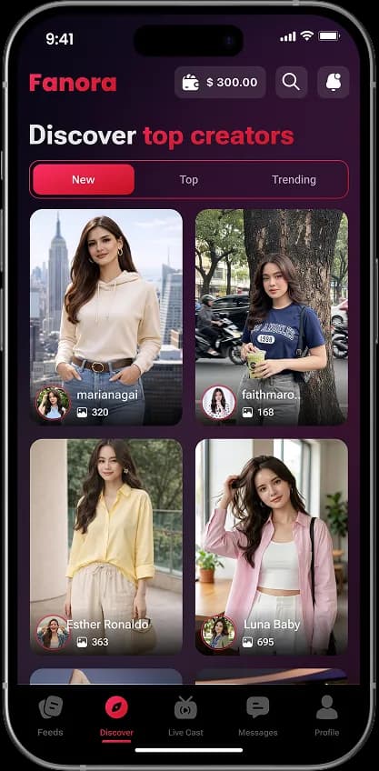 Fanora discover top creators grid screen