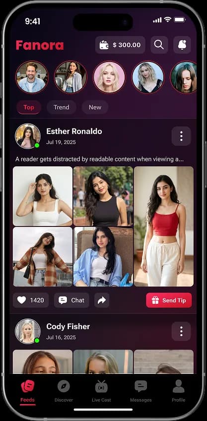 Fanora creator feed with tips and story highlights