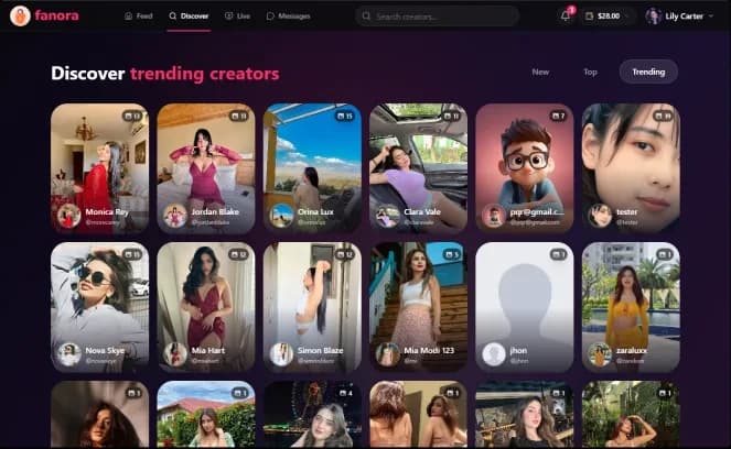 Fanora web discover screen