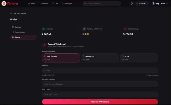Fanora web payouts screen