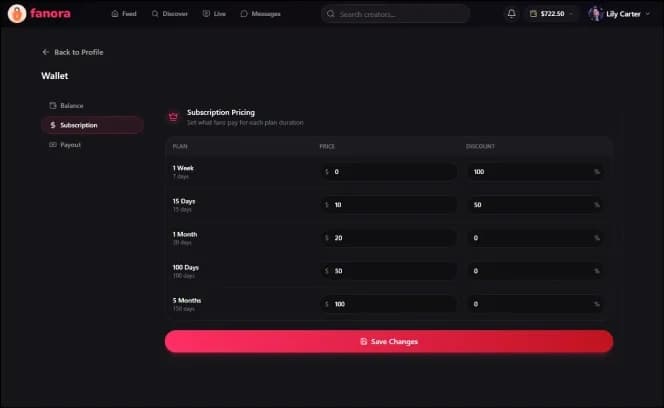 Fanora web creator wallet screen