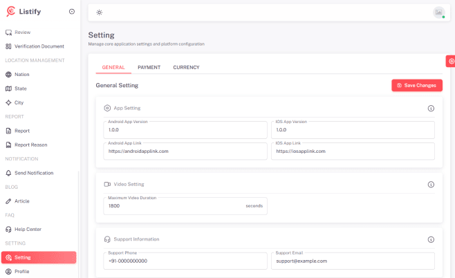 Listify admin — Settings & configuration