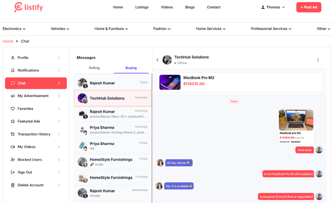 Listify web chat interface