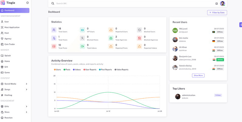 Tingle admin panel — Real-Time Dashboard with Platform Analytics