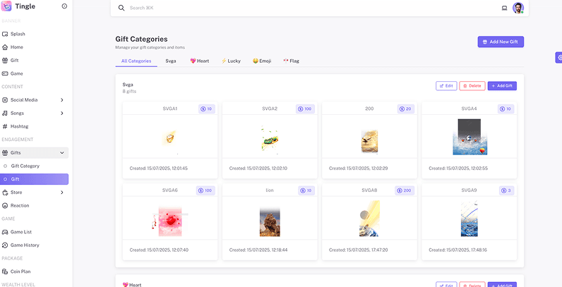 Tingle admin panel — SVGA Gifts, Hearts, Lucky & Emoji Gifts