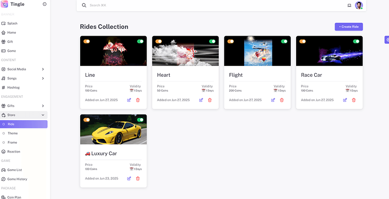 Tingle admin panel — Rides, Themes & Store Items