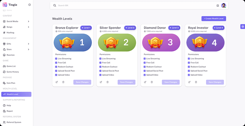 Tingle admin panel — Wealth Tiers & Exclusive Benefits