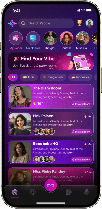 Vola Party home screen — live room discovery