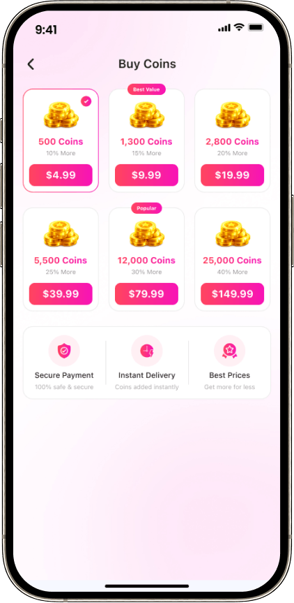 Buy coins screen — live streaming app monetization