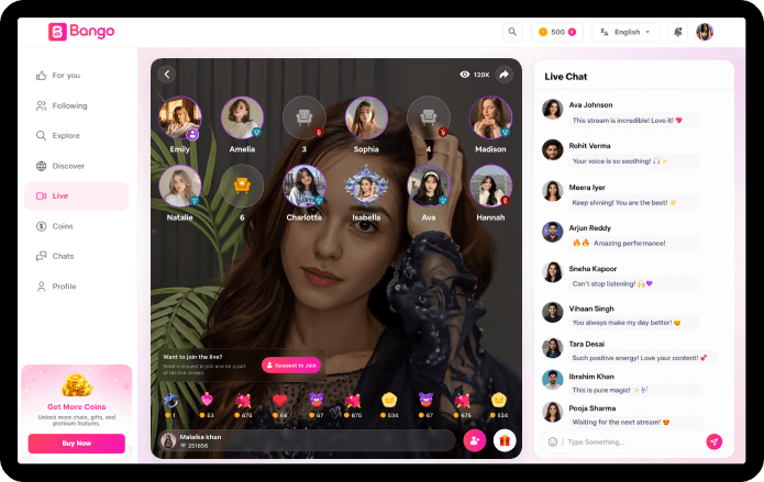 Tango clone web audio room — Bango live streaming in browser