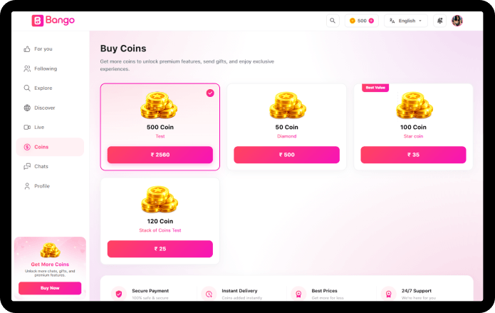 Buy Coins, Chat & Profile on Web — Bango Tango clone web app