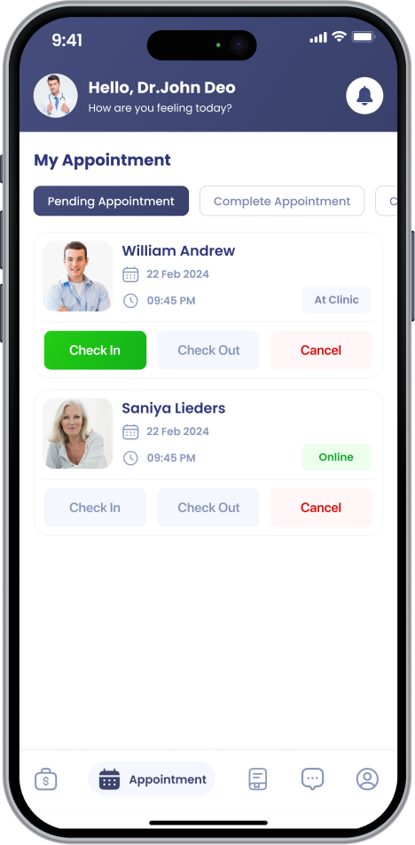 Doctor appointment check-in screen