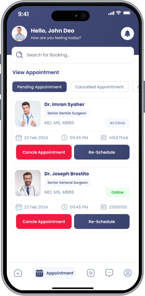 Patient appointment list with reschedule