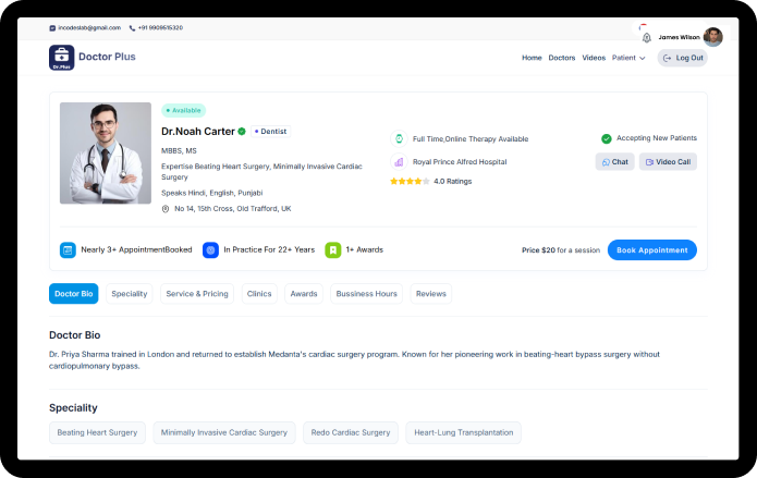 Dr.Plus web doctor profile with booking and tabs