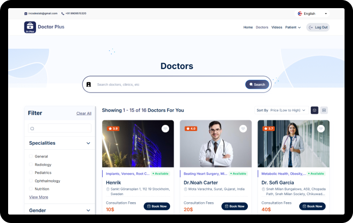 Dr.Plus web doctors listing with filters and booking