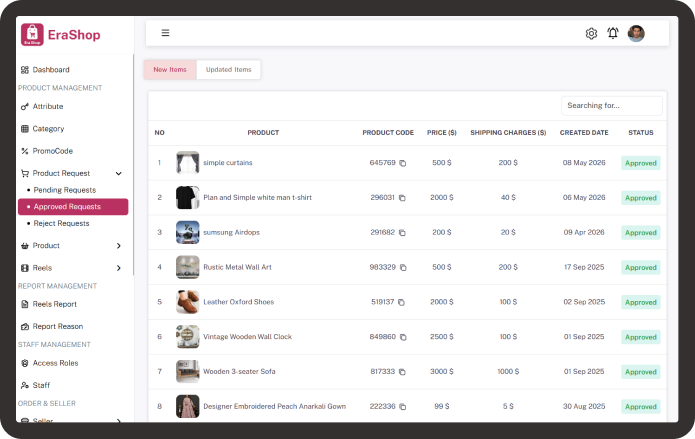 Era Shop admin product approval requests screen
