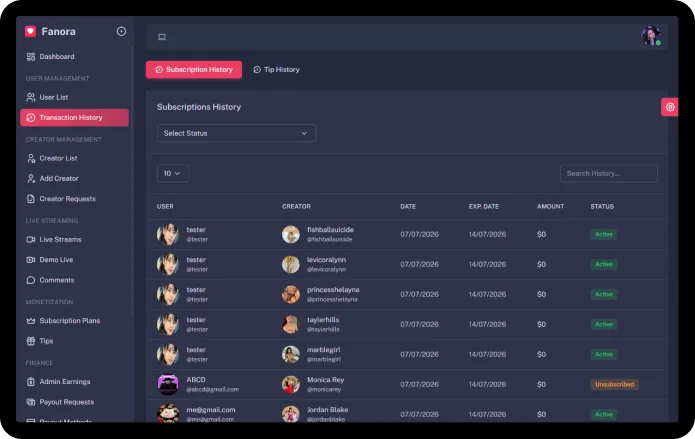 Fanora admin subscription & tip history with full audit trail screen