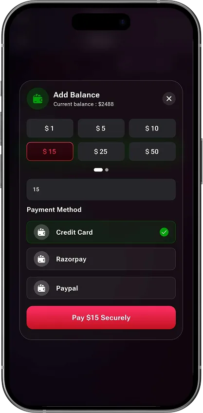 Add balance with payment methods