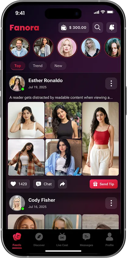 Fanora home feed with tips mobile screen