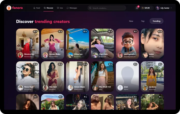 Fanora web discover screen