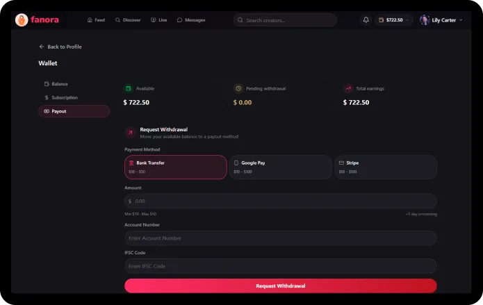Fanora web payouts screen