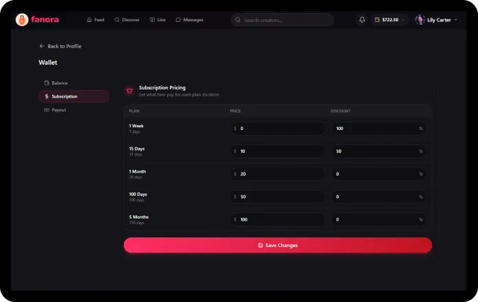 Fanora web creator wallet screen