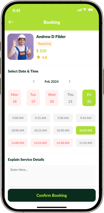 Handy book appointment screen