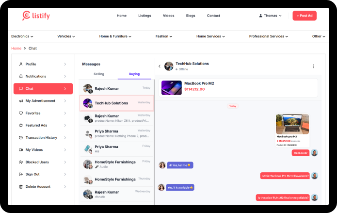 Listify web chat interface