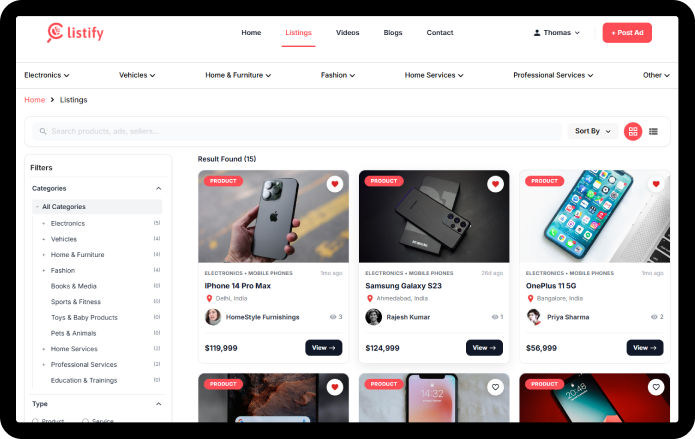 Listify web product listings page
