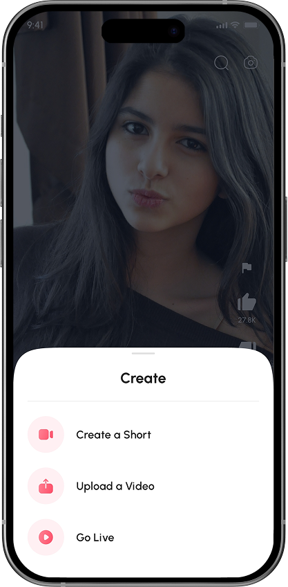 MeTube create Short, upload, or go live menu