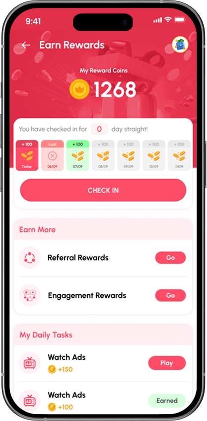 MeTube earn rewards and daily check-in