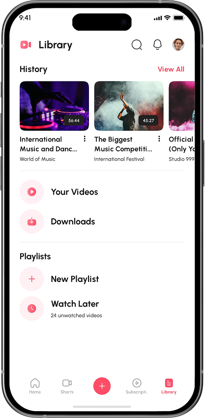 MeTube library with history and playlists