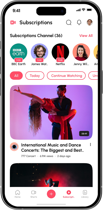 MeTube subscriptions feed with live badges