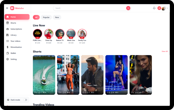 MeTube web home with live streams and Shorts