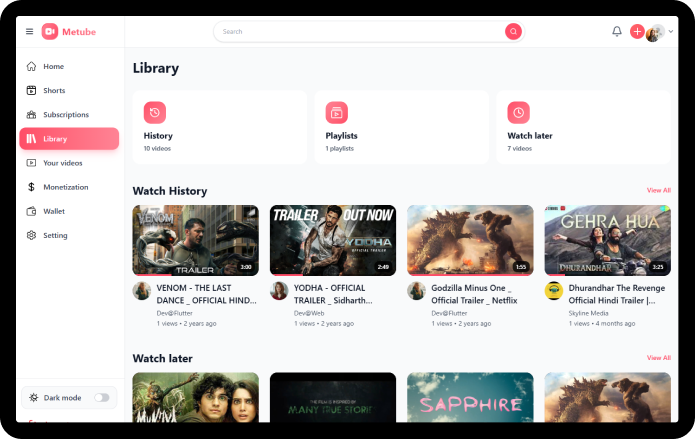 MeTube web library with watch history and playlists