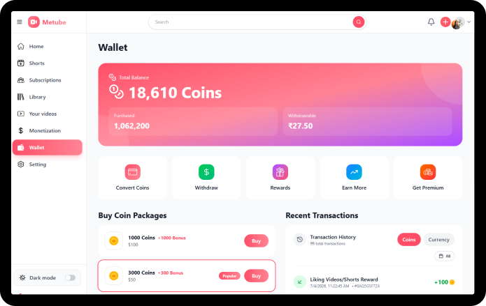 MeTube web wallet with coin balance and packages
