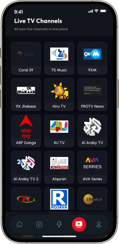 Mova — live TV channels screen