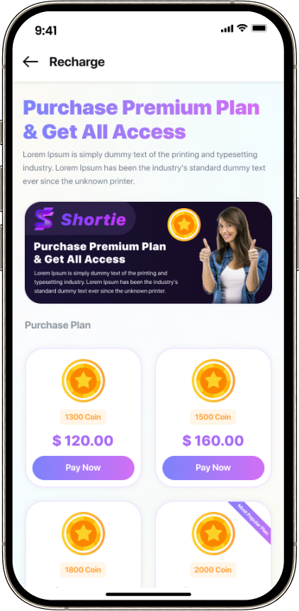 Shortie coin recharge screen