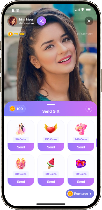 Shortie virtual gifting screen with coin wallet