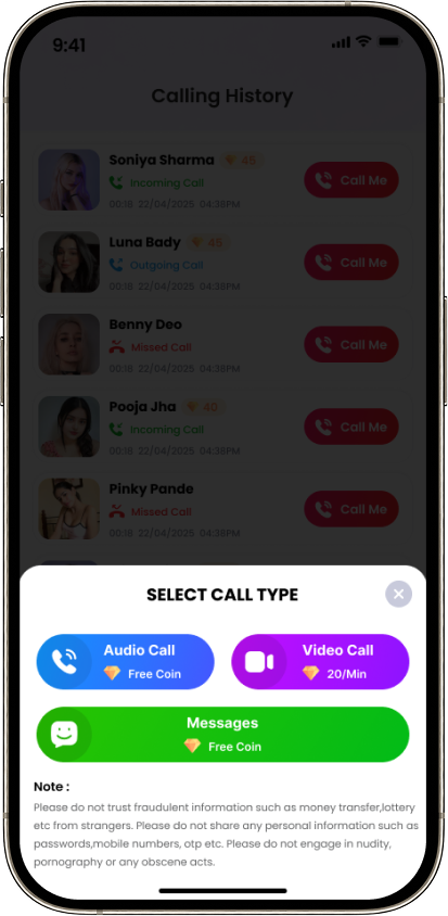 Audio and video call type selection