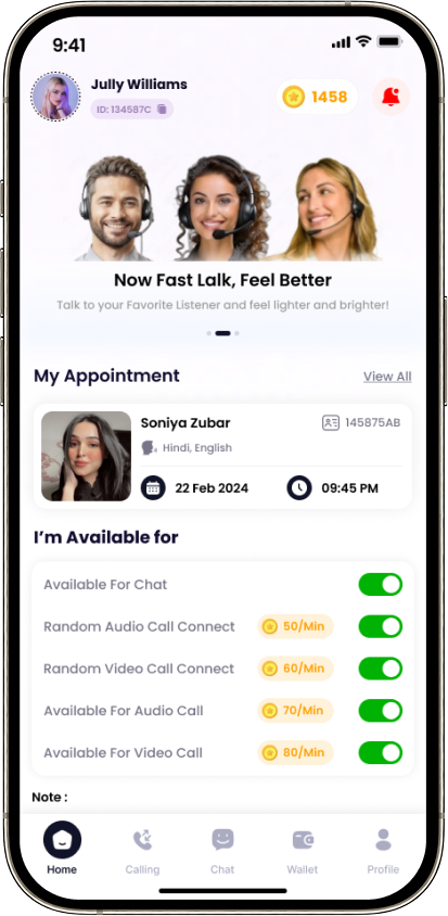 Listener dashboard with availability toggles