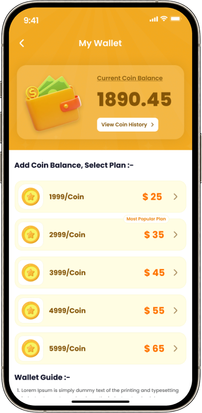 User coin wallet and recharge plans